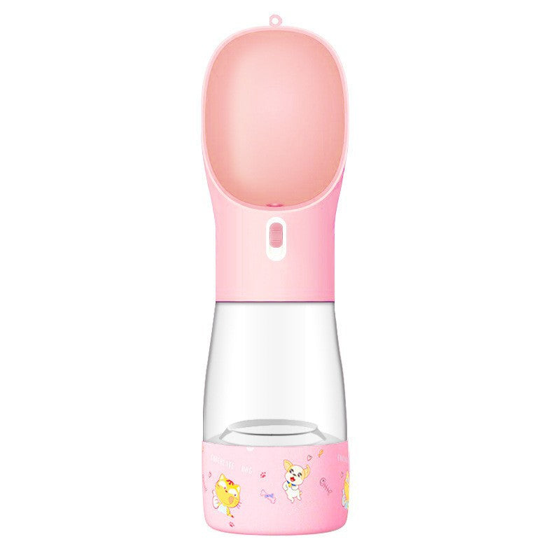 Pink pet water bottle with cartoon design on a white background
