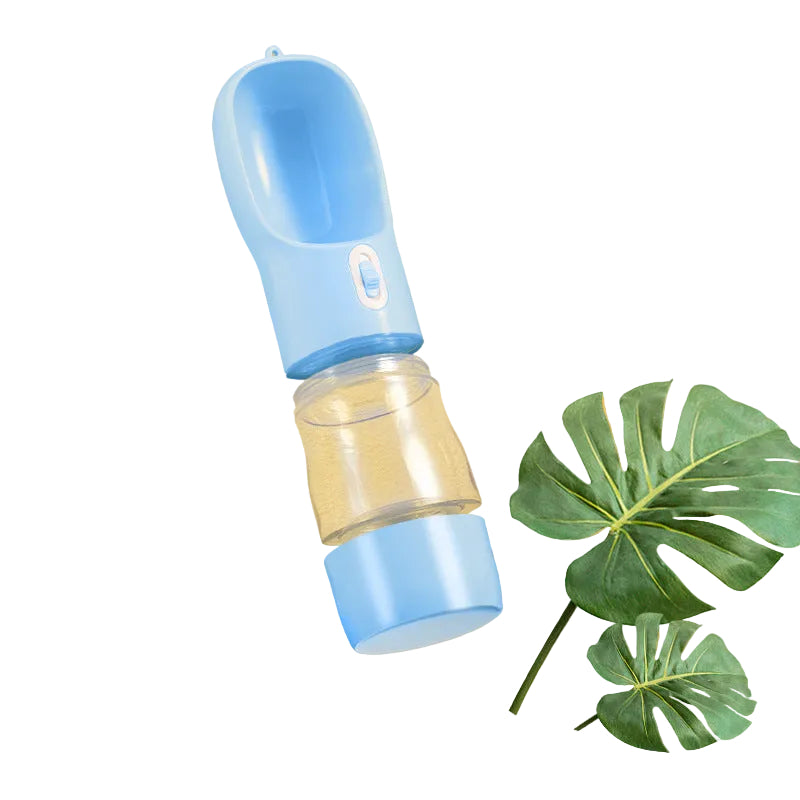 Blue pet water bottle on a yellow background with a plant