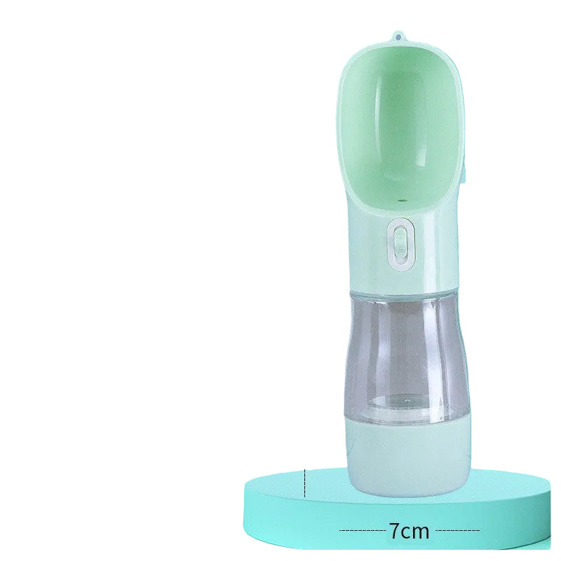 Portable pet water bottle with measurements on a green background