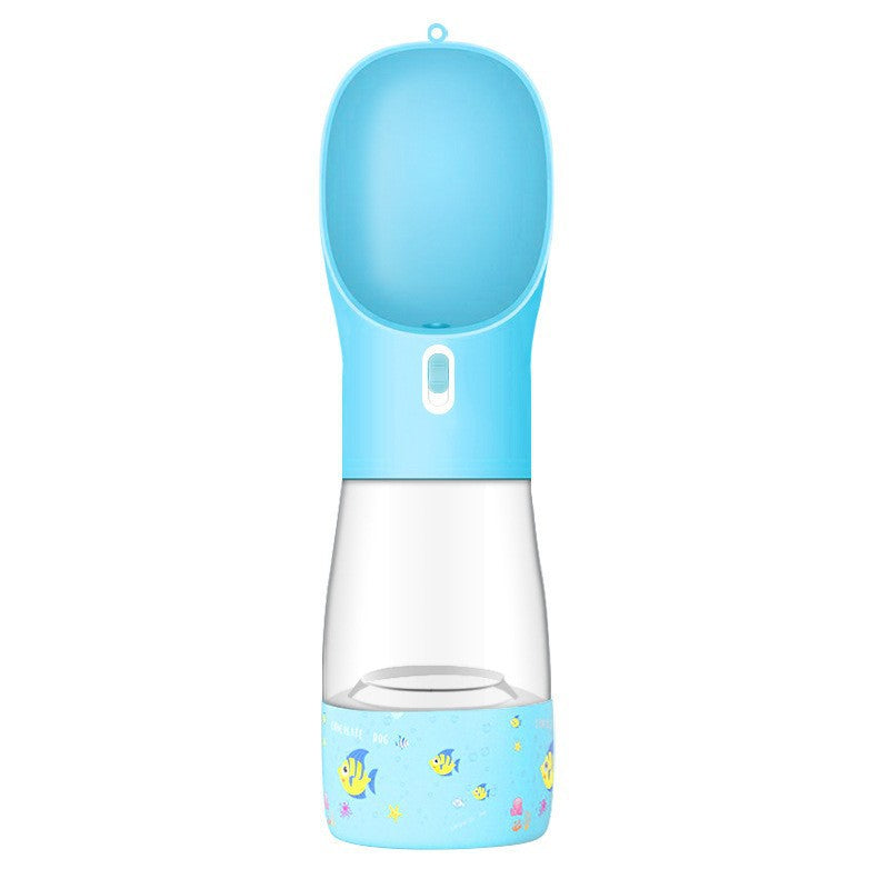 Blue pet water bottle with fish design on a white background