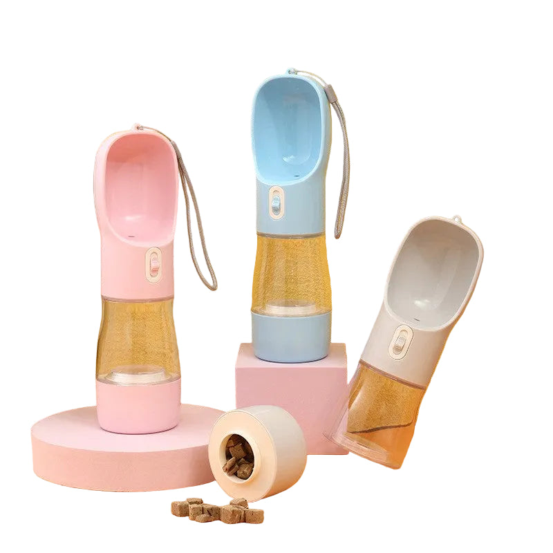 Set of pet water bottles and bowls on a yellow and orange background