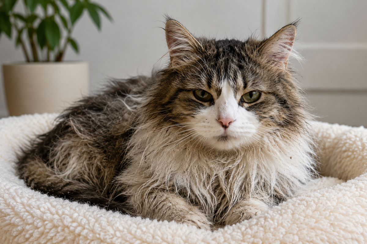 A fluffy long-haired cat with brown, gray, and white fur lies in a cream-colored plush pet bed, with a potted plant in the background.