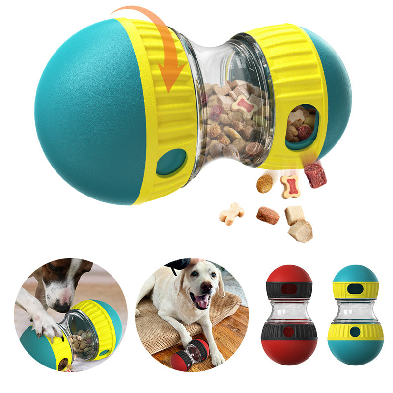Colorful dog toy with treat dispensers and small dogs interacting with it on a white background.