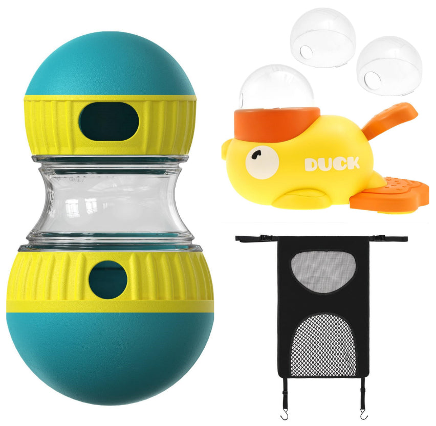 Two colorful ball-shaped containers with a yellow duck toy and black mesh bag on a white background.
