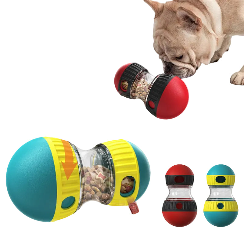 Colorful pet toy with food compartments and a dog interacting with it, featuring health benefits icons.