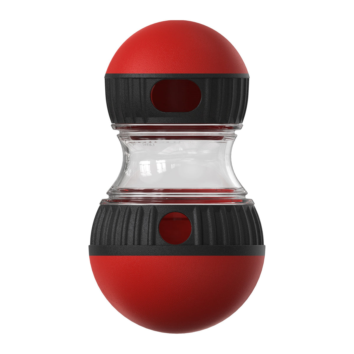 Red and black spherical container with a clear center on a white background
