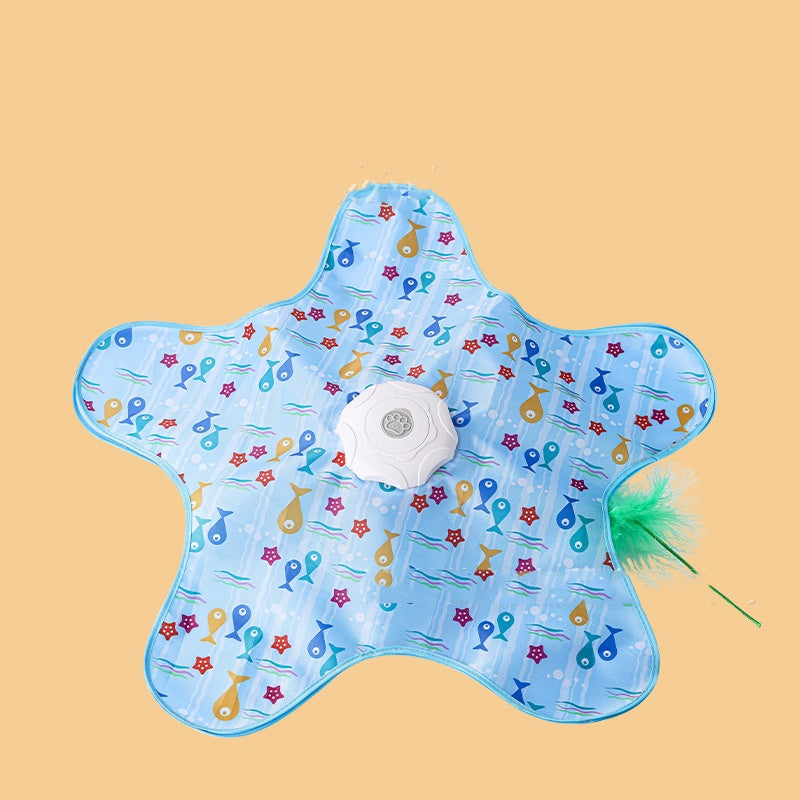 Star-shaped blue mat with colorful patterns on a beige background