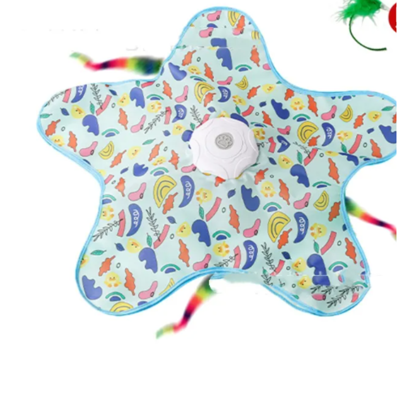A star-shaped baby toy with a colorful cartoon pattern on a light blue background, featuring a white circular center and rainbow-colored dangling tassels, shown on a plain white background.