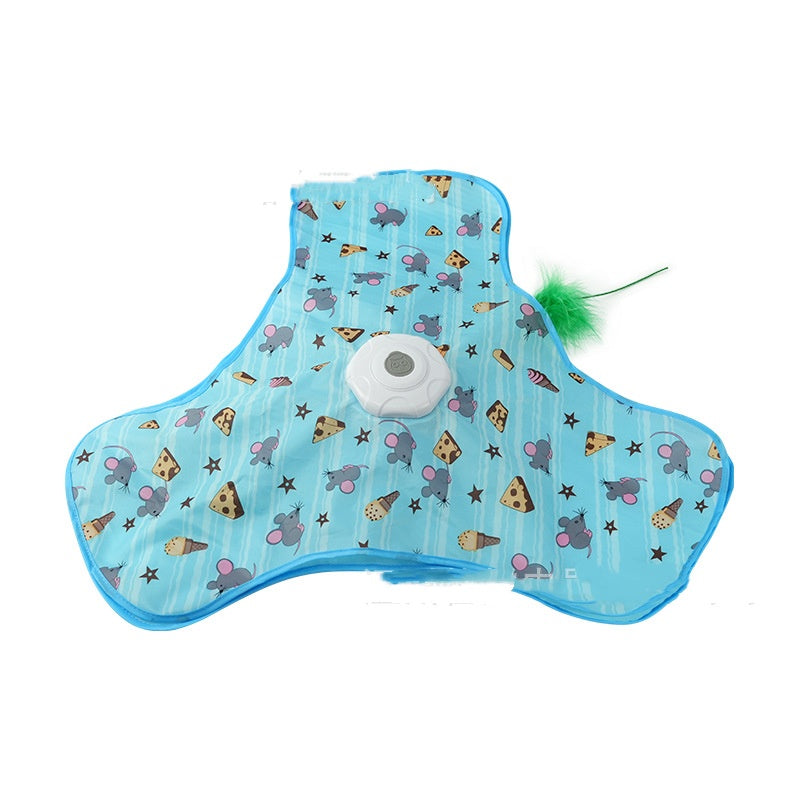 Blue cat toy with colorful patterns and a green feather on a white background
