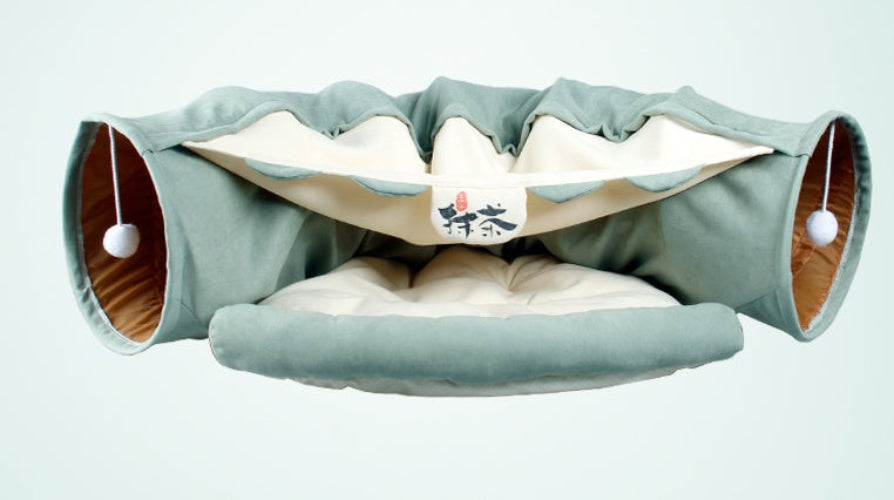 Pet tunnel with a soft interior on a light blue background