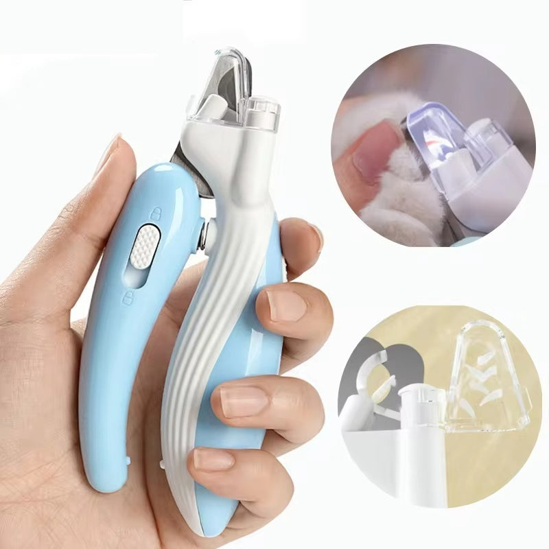 Hand holding a blue and silver pet nail grinder with close-up insets showing its use on a pet's paw.