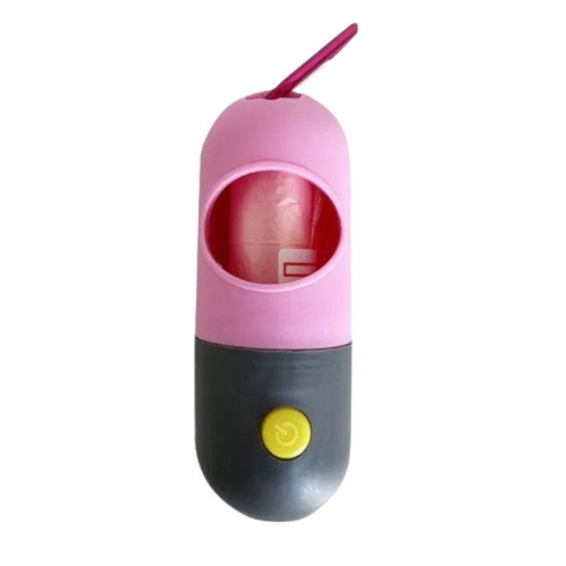 A capsule-shaped pink and dark gray personal care device with a yellow button and a small pink loop at the top, shown on a plain white background.