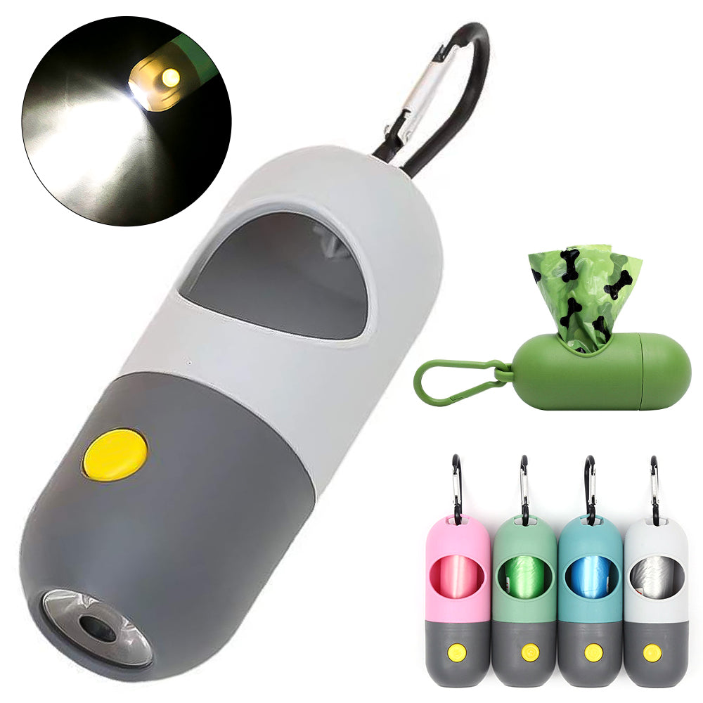 Pet waste bag dispenser with LED light and multiple color options on a white background