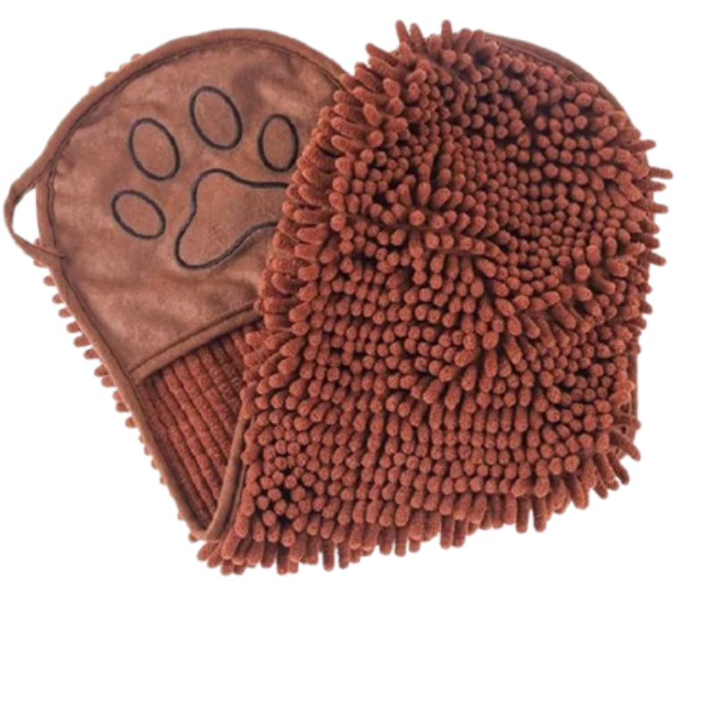 A brown pet grooming mitt with a textured chenille front and a suede-like back featuring an embroidered paw print, shown on a plain white background.