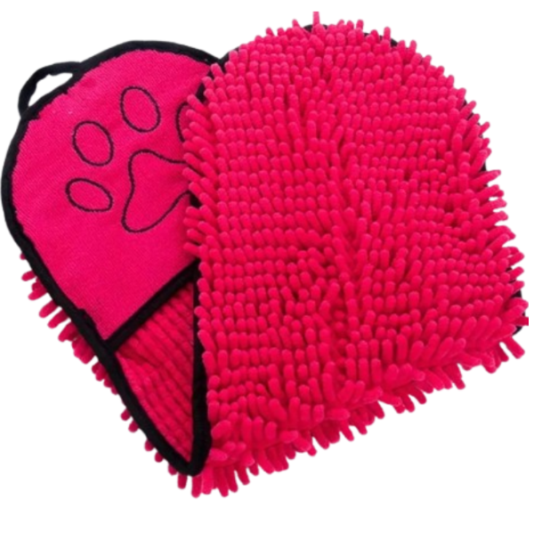 A bright pink pet microfiber wash mitt with a textured chenille front and a pink paw print embroidered on the reverse side, shown on a plain white background.