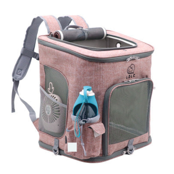 Multifunctional backpack with pet carrier, storage compartments, and baby carrier on a white background