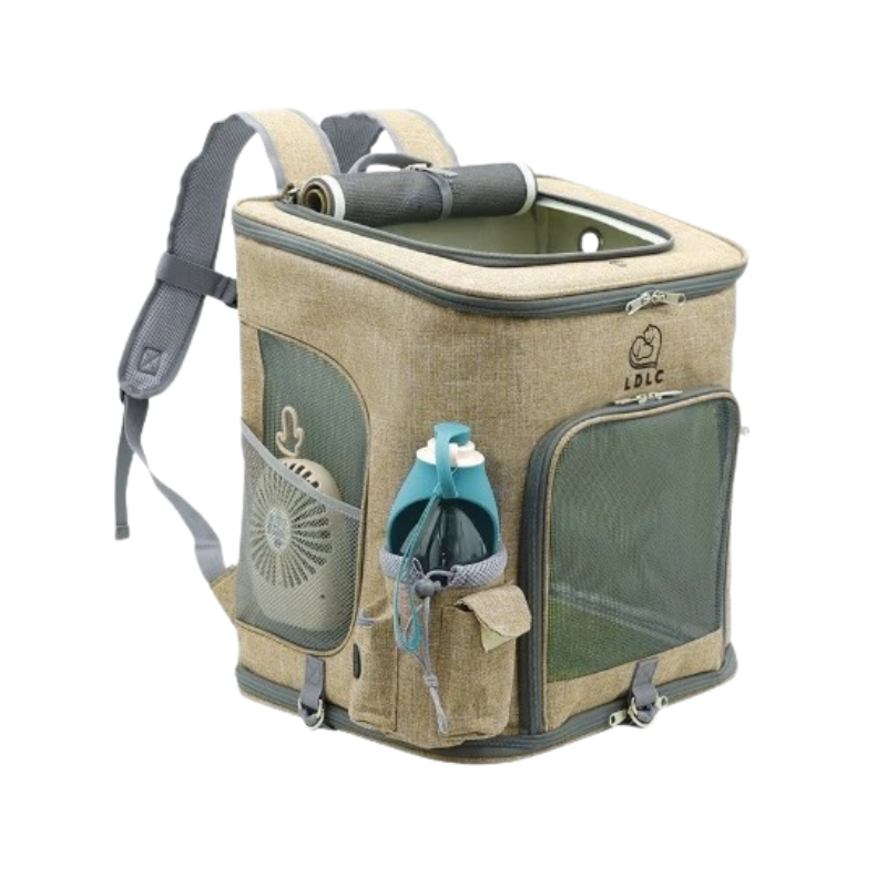 A beige and gray outdoor pet carrier backpack with mesh windows, side pockets, a built-in cooling fan, and a blue-and-teal bottle holder, shown on a plain white background.