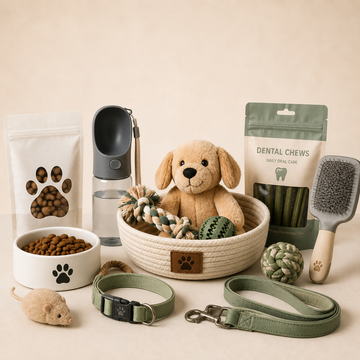 Styled pet care and toy set with plush dog toy, water bottle, kibble bowl, dental chews, brush, rope toys, collar, leash, and mouse toy