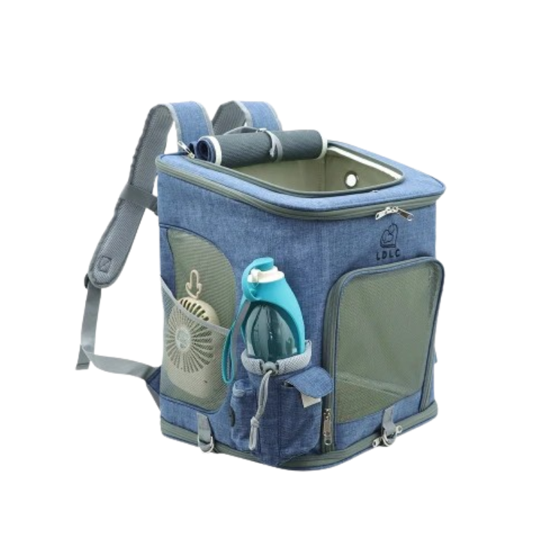 A blue pet carrier backpack with gray straps and mesh windows, shown empty on a plain white background. The backpack features a top opening, side pockets, and a small printed LOOS logo on the upper right side.