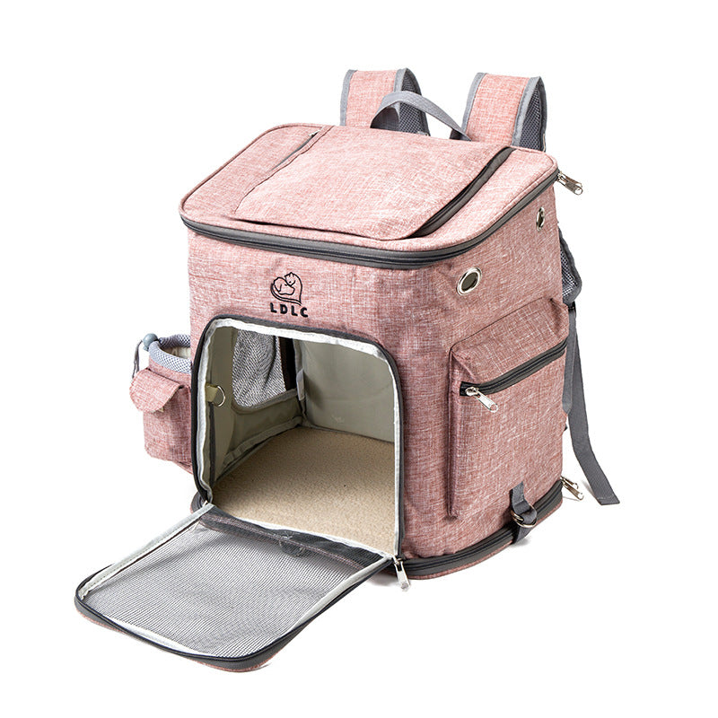 Pink pet carrier backpack with open front door on a white background