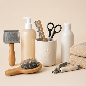 A set of grooming accessories arranged on a warm beige background, including a wooden-handled slicker brush, a wide-tooth comb, black-handled scissors, a pump bottle, a white bottle, a wooden hairbrush, a ceramic cup with a paw print, and folded towels.