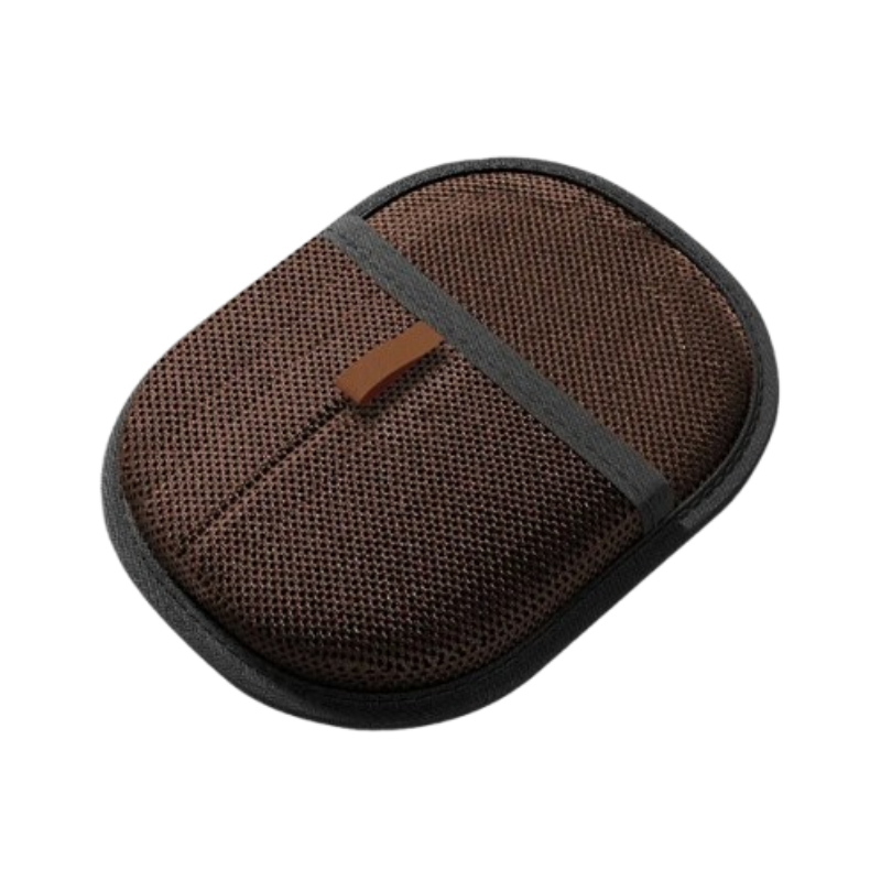 A brown mesh-covered oval accessory with a dark gray trim and a small brown tab, shown on a plain white background.