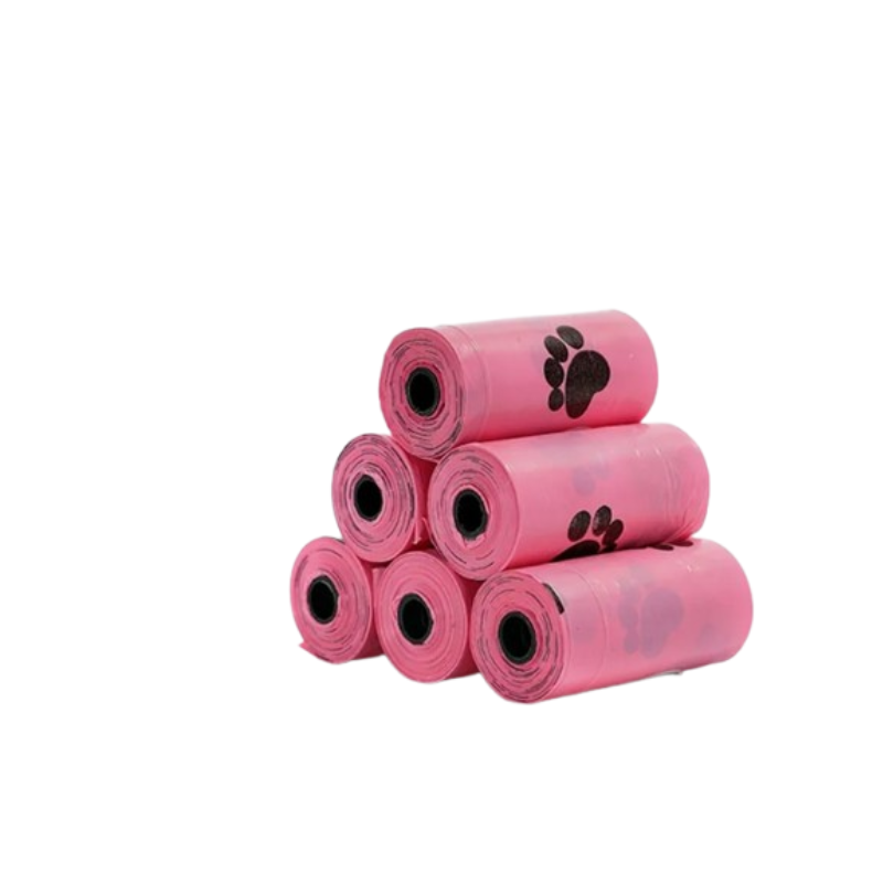 Six pink plastic bags with black paw print designs, stacked in a pyramid on a solid white background.