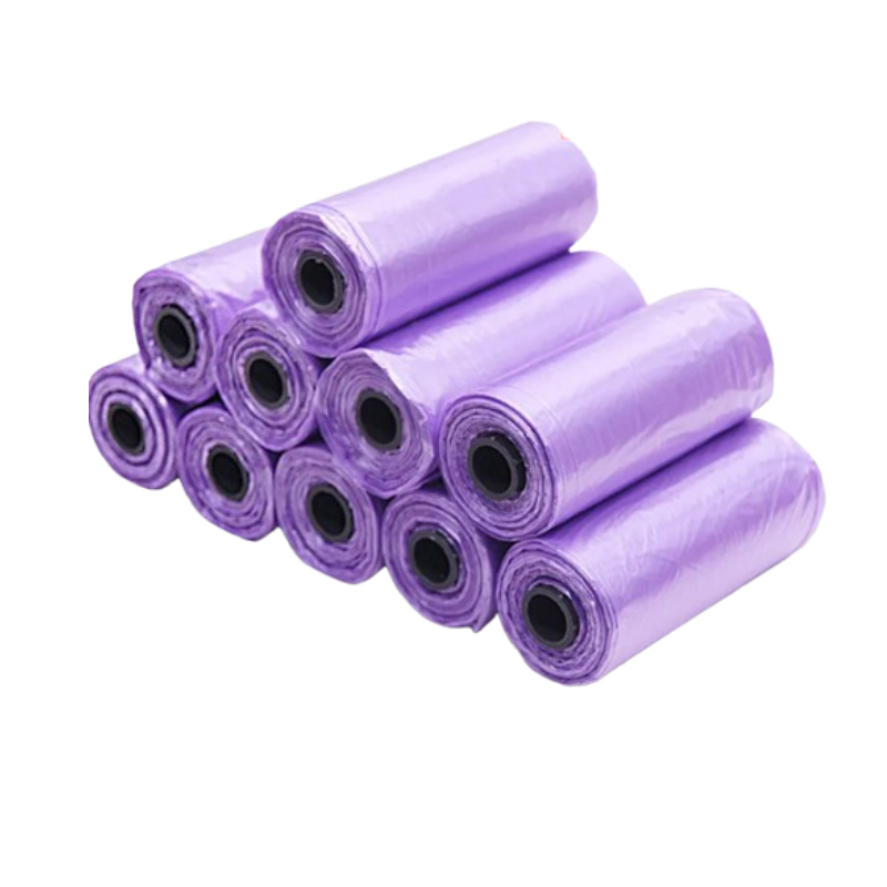A stack of ten purple plastic trash bag rolls with black cores, arranged on a plain white background.