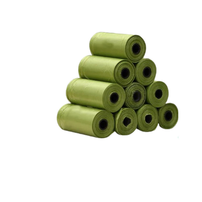 A stack of olive green plastic bag rolls arranged in a pyramid shape on a plain white background.