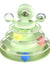 A light green cat toy with a tiered spiral design, clear domed cups on the sides, a ball in the center, and several colorful balls inside and on the outside.