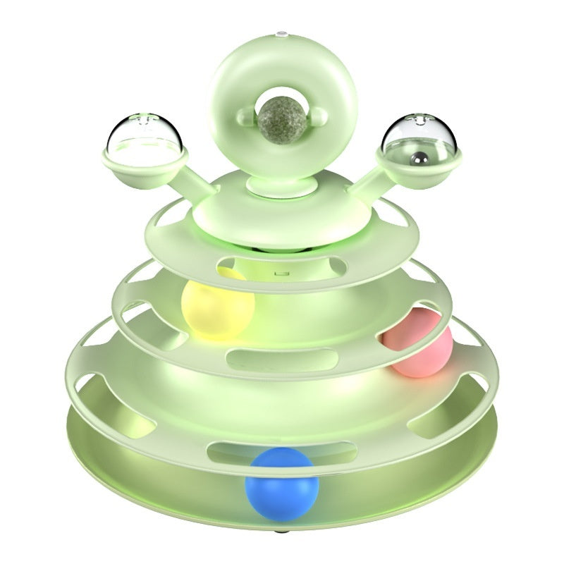 A light green cat toy with a tiered spiral design, clear domed cups on the sides, a ball in the center, and several colorful balls inside and on the outside.