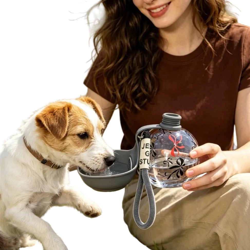 A woman holds a clear water bottle with a gray loop handle while a small white and tan dog drinks from a gray bowl attached to the bottle. The woman is wearing a brown shirt and khaki pants against a plain white background.