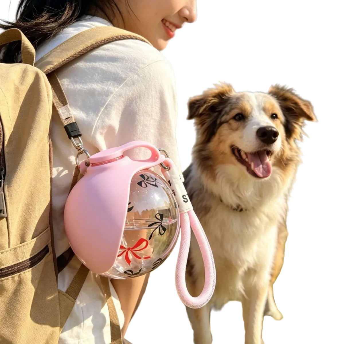 Person with a pink pet water bottle and a dog in a park
