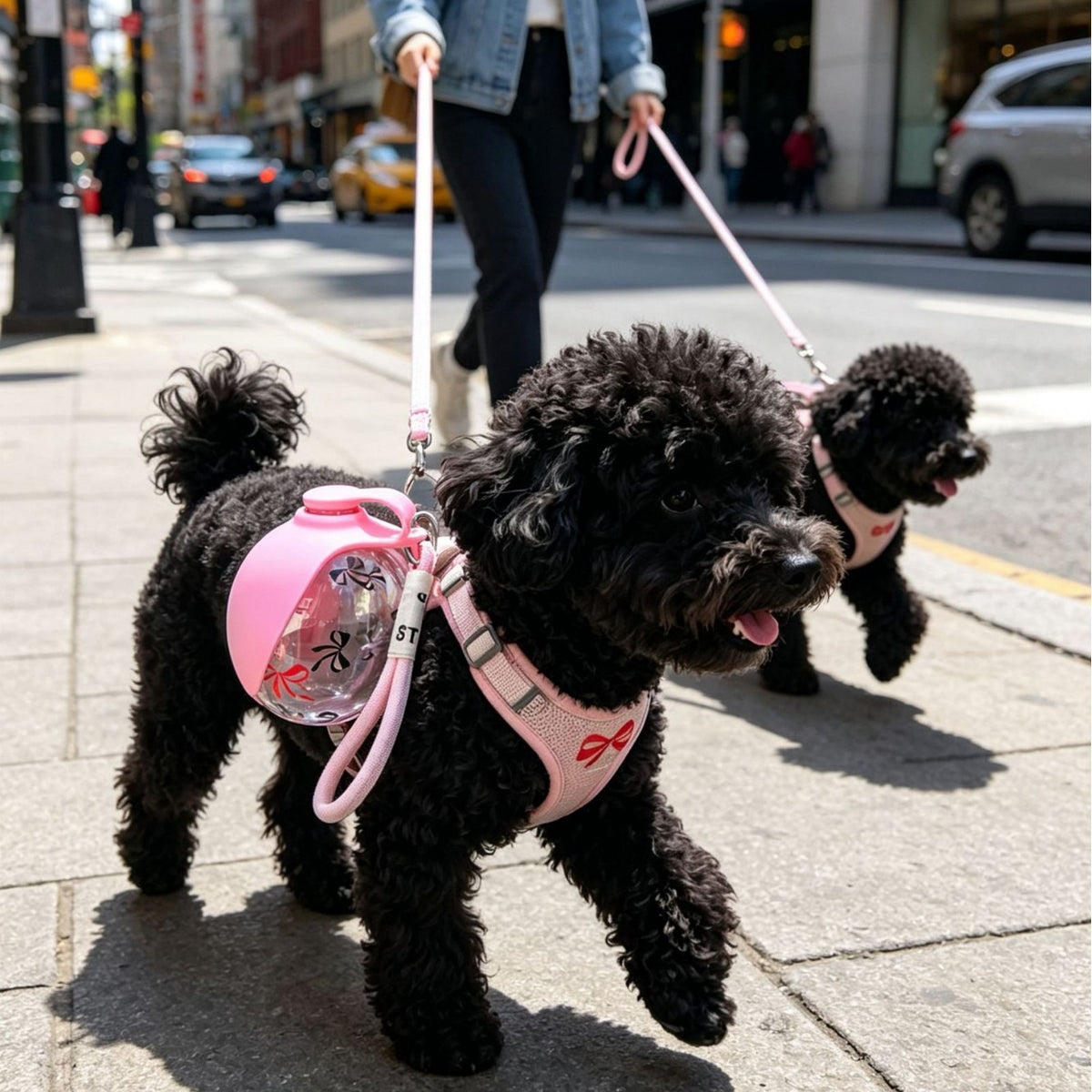 Two black dogs on pink harnesses walking on a city street.