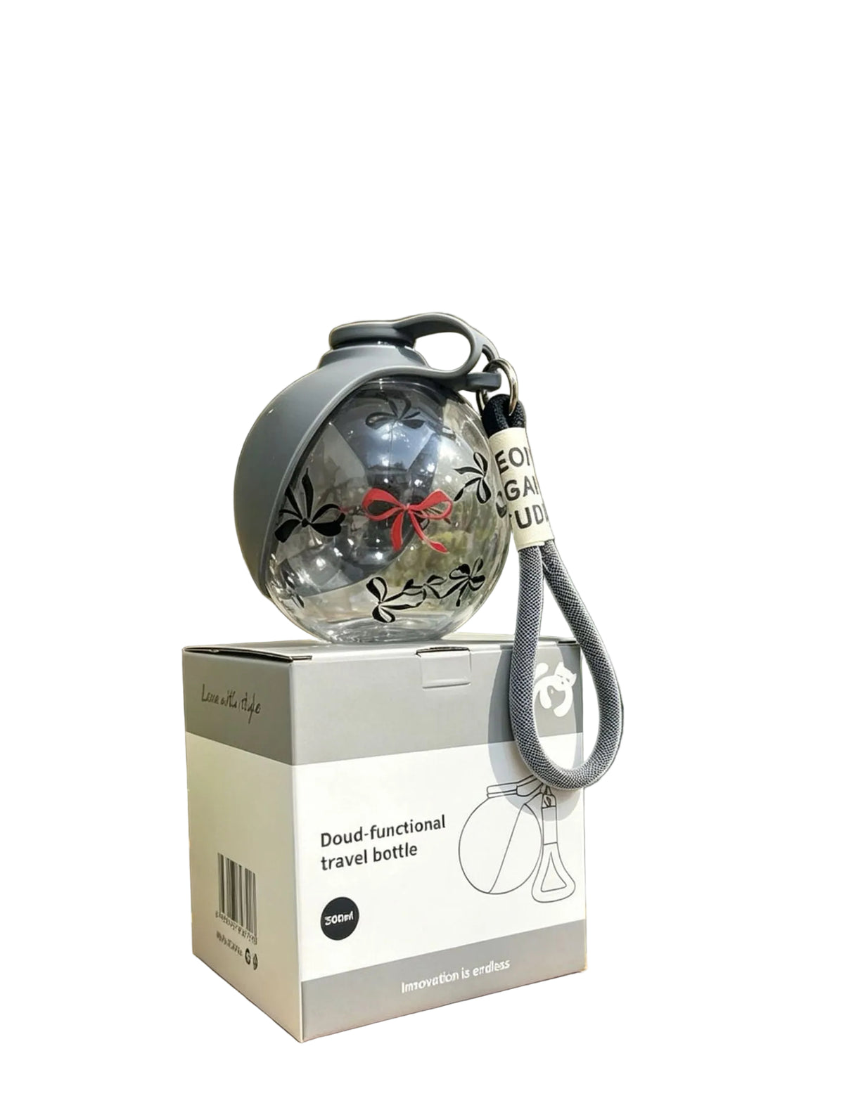 Travel bottle with measurement details on a box in a store setting