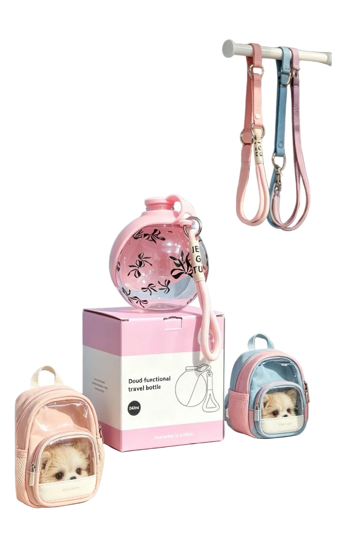 Pet travel accessories including a transparent pet carrier, travel bottle, and leash displayed in a store window.