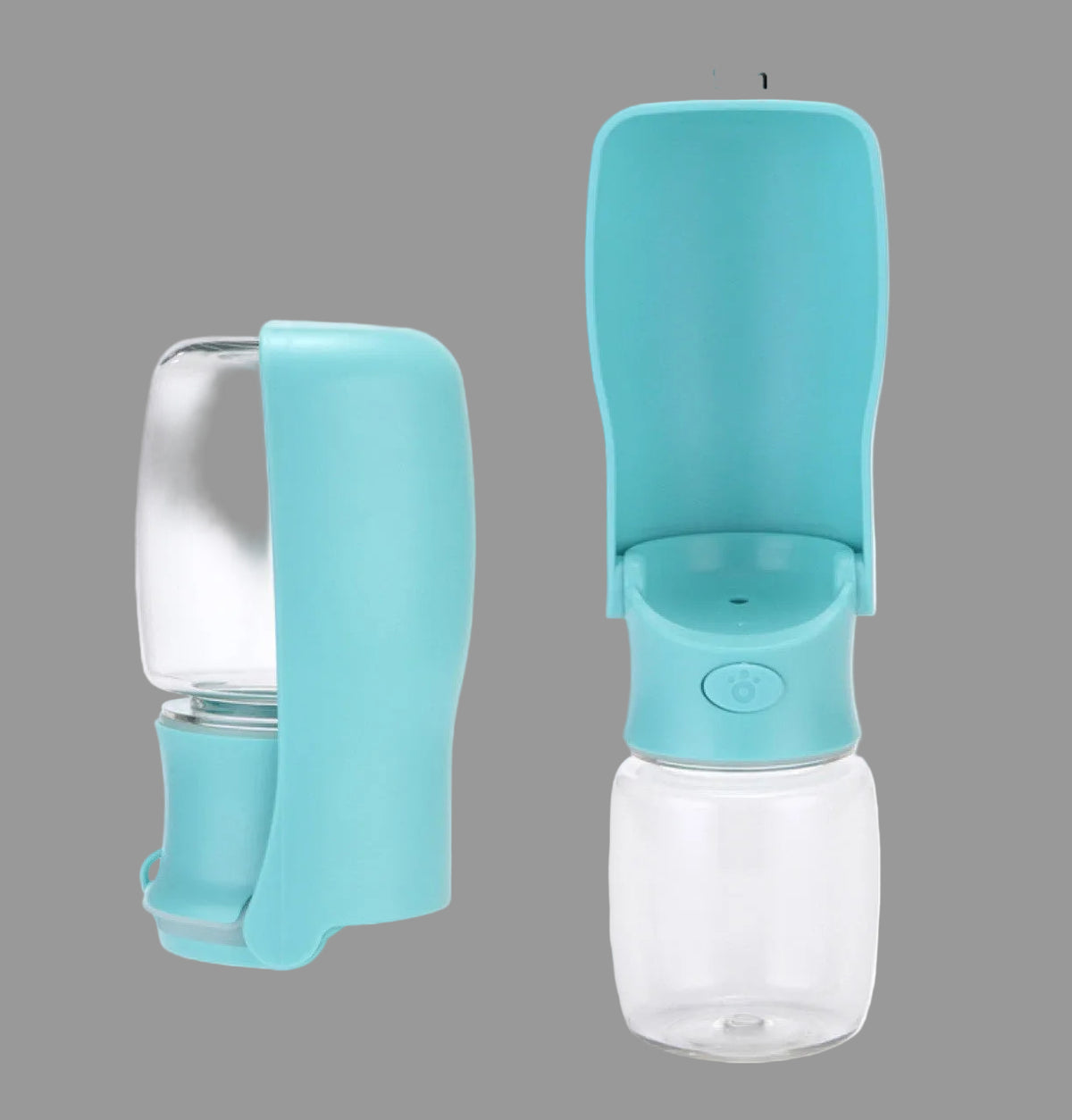 Teal pet water bottle with measurements on a white background