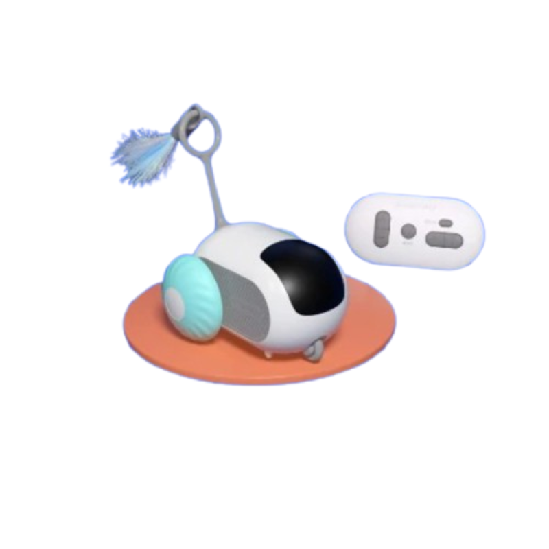A small white robotic toy with a black face, mint green ear, and orange circular base, shown with a separate white remote control on a plain white background.