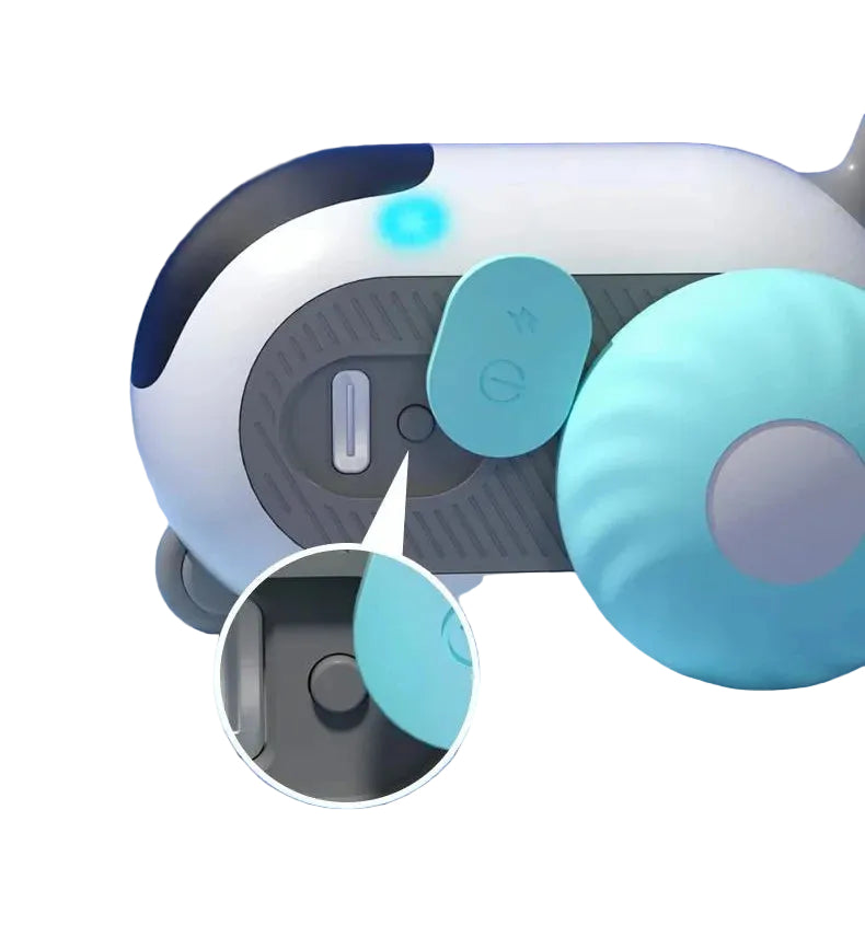 Close-up of a robot toy with blue accents on a blue background