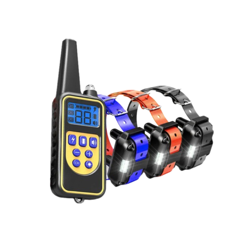 A 4-channel electronic dog collar training system with a black and yellow remote control and three collars in blue, orange, and black, shown against a plain white background.