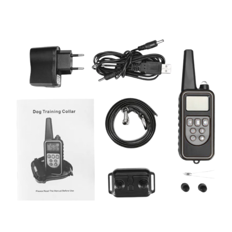 Dog training collar kit laid out on a white background, including a handheld black remote with a small screen, USB charging cable, wall adapter, leash, manual, battery or receiver component, small accessories, and ear tips.