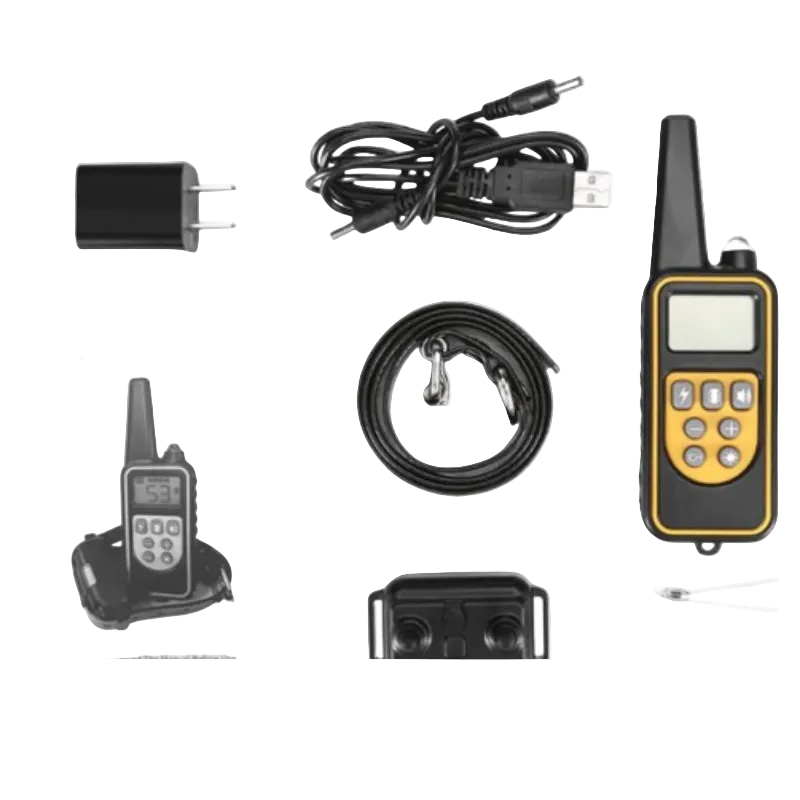 Dog training collar kit laid out on a white background, including a handheld transmitter with yellow and black body, USB charging cable, wall charger, collar with clips, paper manual, antenna, and small accessories.