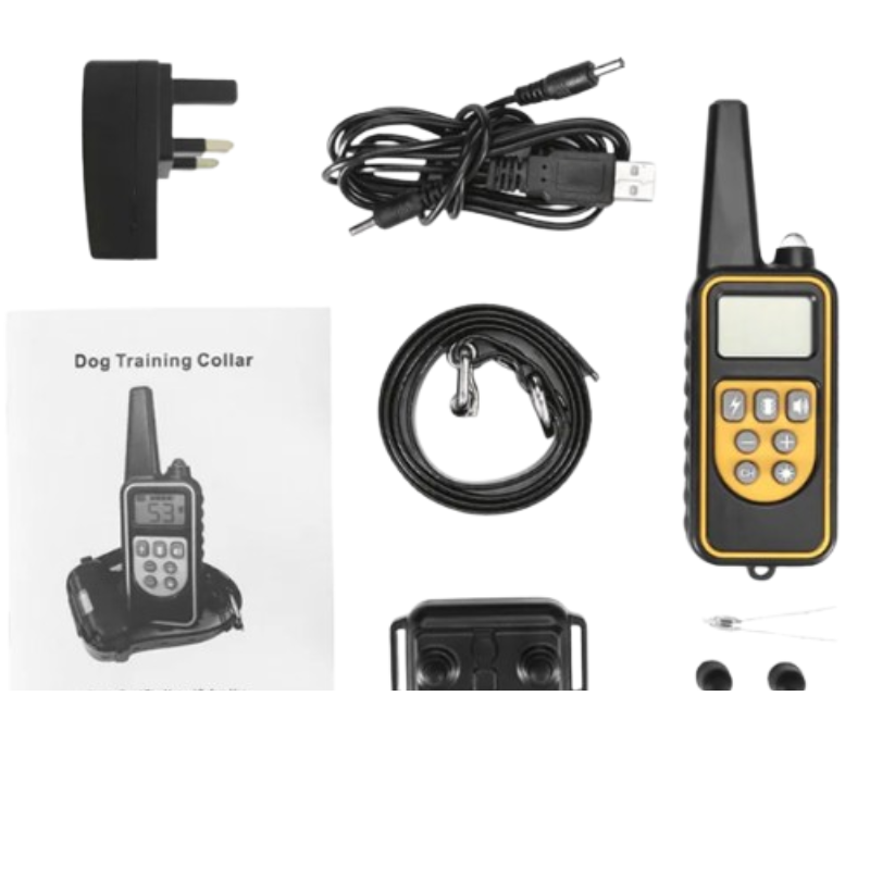 Dog training collar kit laid out on a white background, including a handheld black-and-yellow transmitter, USB charging cable, power adapter, leash, manual, battery, and small accessories.