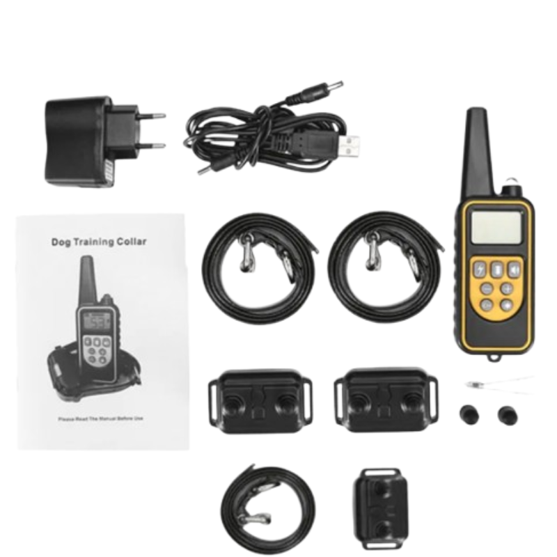 Dog training collar kit laid out on a white background, including a handheld controller with yellow and black body, USB charging cable, wall charger, two black lead collars, two black remote tags, small accessories, and an instruction manual.