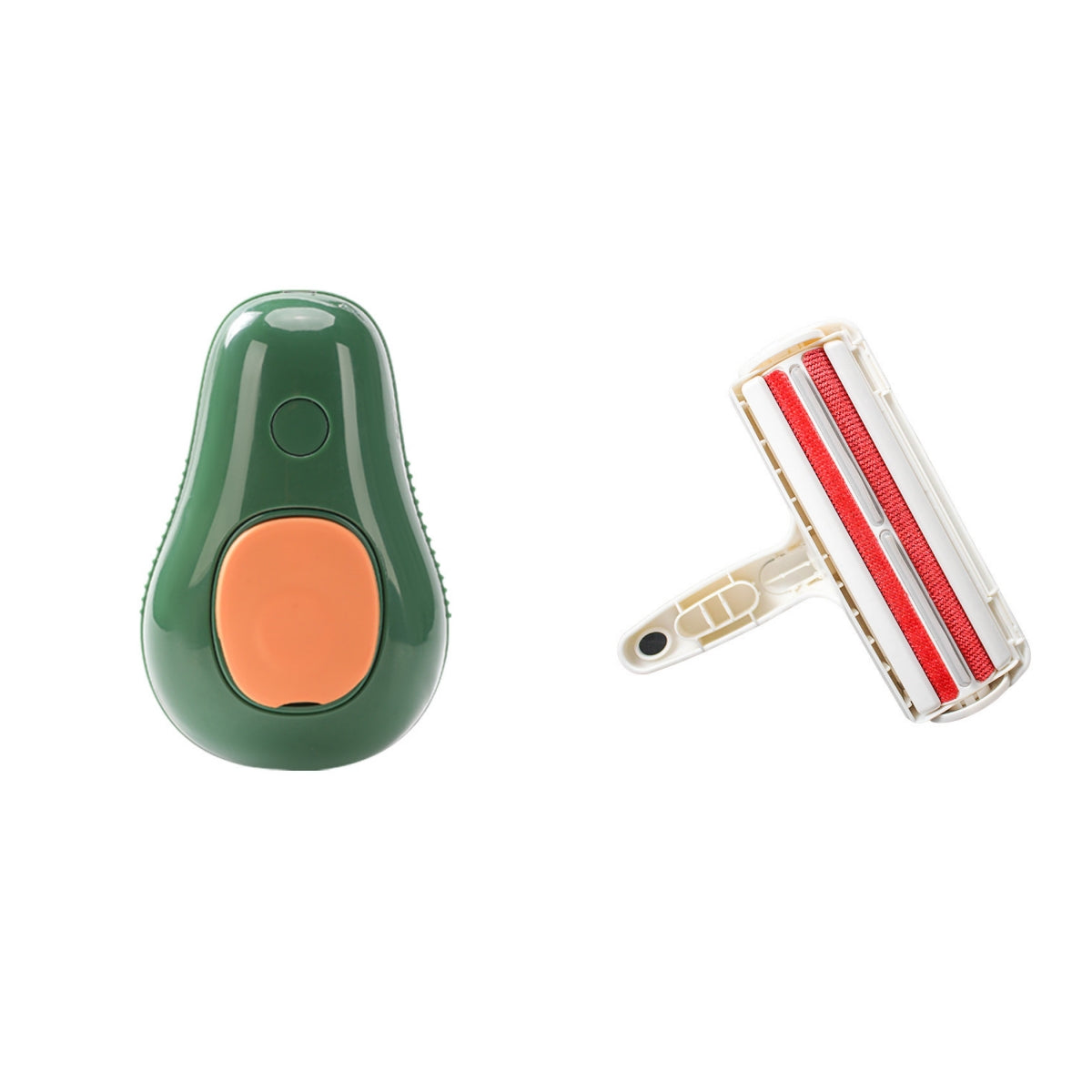 Green and orange electronic device next to a red and white roller brush on a white background