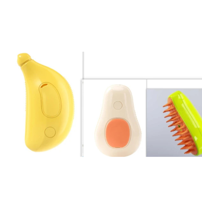 A small handheld grooming or cleaning tool shown in three views on a white background: a yellow curved view on the left, a cream-colored side view in the center, and a close-up of the orange bristle side on the right.