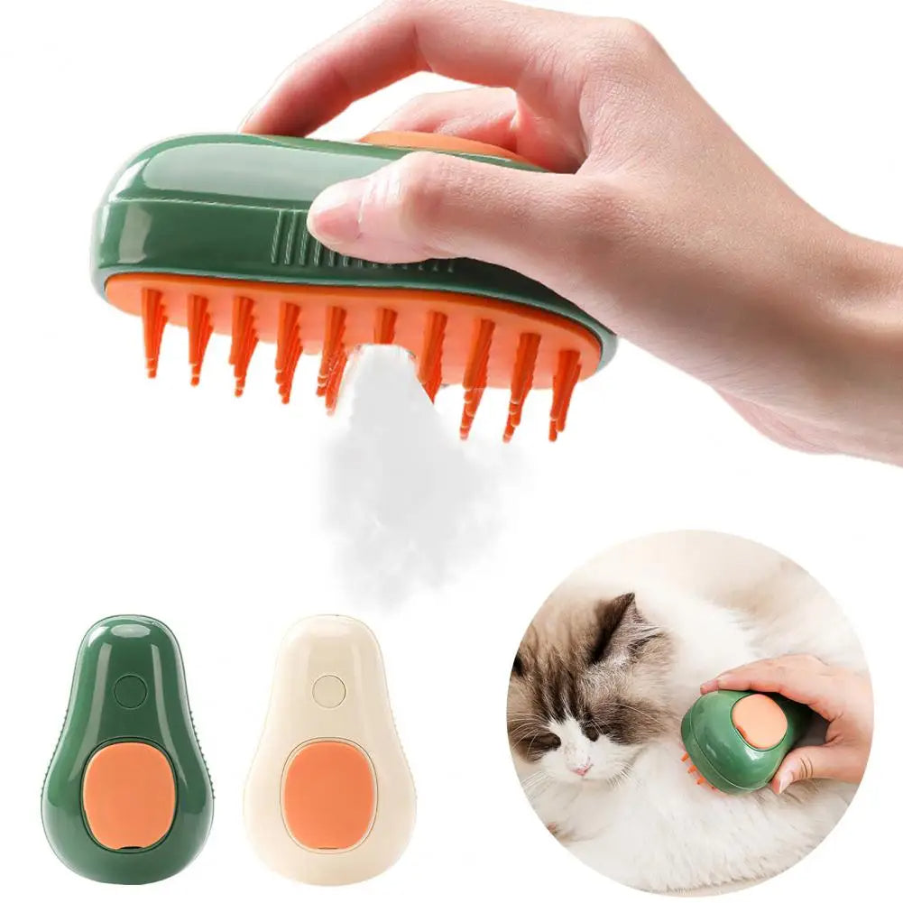 A pet grooming brush shown being held by a hand, with white shedding hair illustrated coming out. Two smaller inset views show the brush alone in green-and-orange and cream-and-orange colorways, plus a circular inset of the brush being used on a cat.