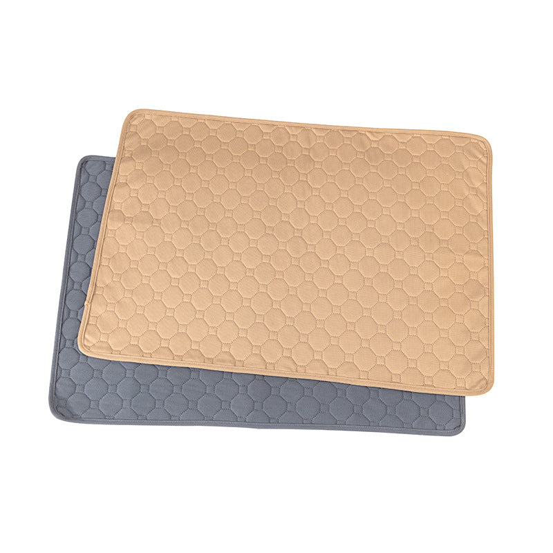 Dog sitting on a gray pet mat with a white background