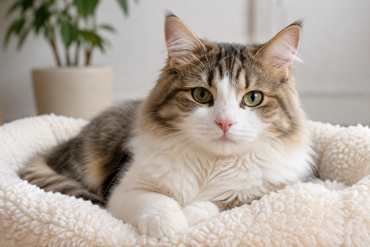 A fluffy long-haired cat with green eyes, white and brown fur, lying comfortably in a cream-colored sherpa pet bed with a blurred indoor background and potted plant.