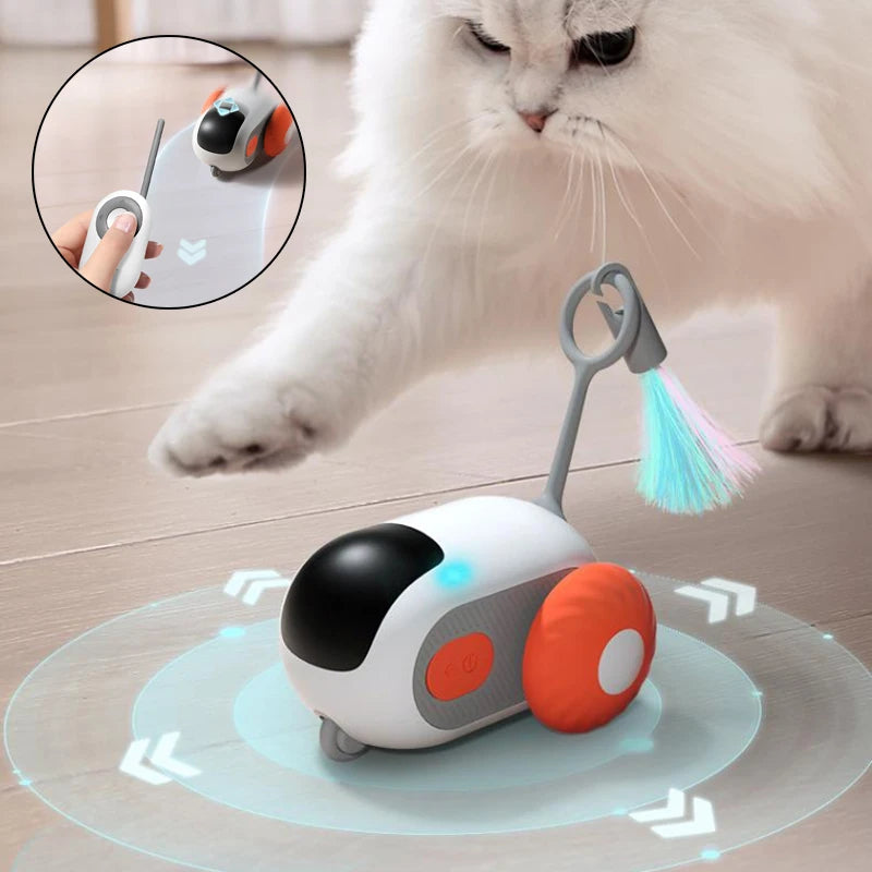 Cat playing with a robotic pet toy on a wooden floor.